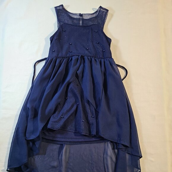 RMLA Girls 6X Blue Hi-Low Party Dress | Beaded Chiffon Sleeveless Overlay - Picture 1 of 9